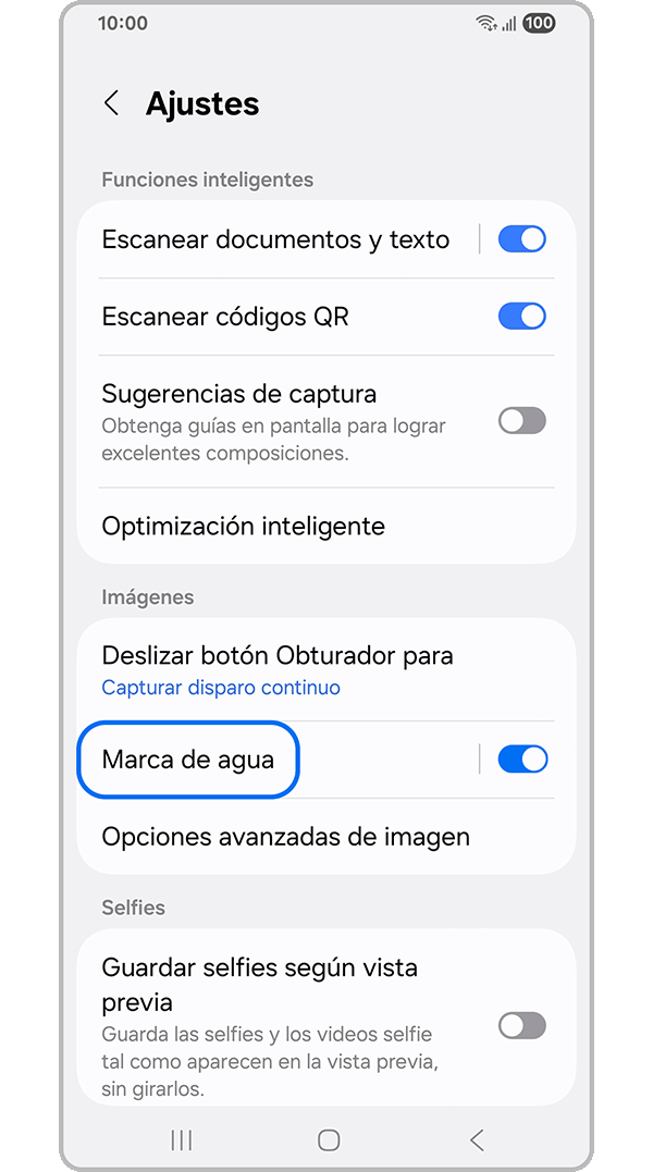 Vista de la opción Marca de agua en ajustes de Cámara, con el botón para activar y desactivar.