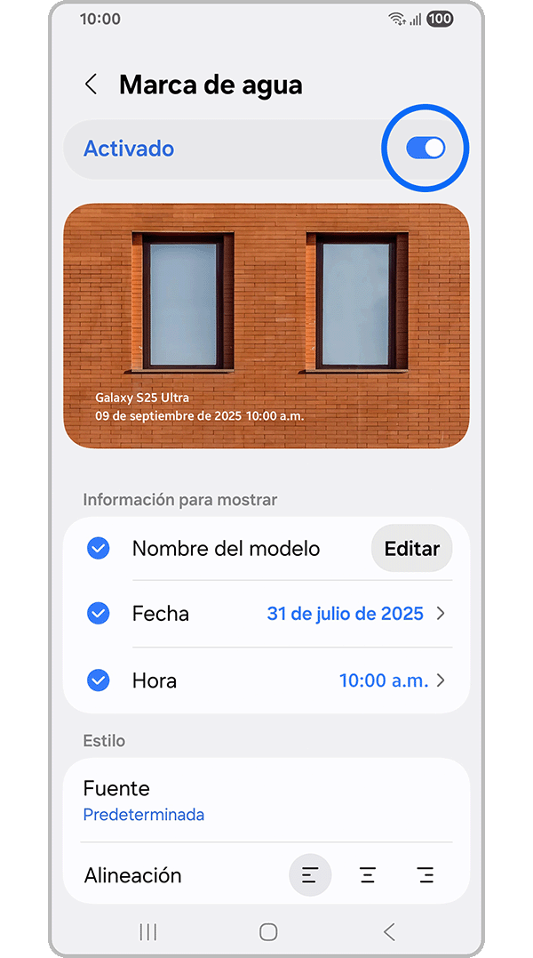 Vista de opciones personalizables para marca de agua, incluidos nombre de modelo, fecha y hora, además de opciones de estilo, como selección de fuente y alineación del texto.