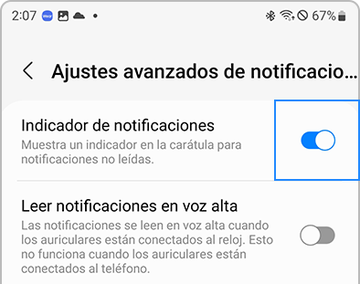 Lista de configuraciones de notificaciones avanzadas en la aplicación Galaxy Wearable