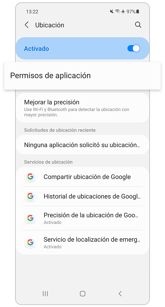 Activa los permisos de aplicaciones para la ubicación