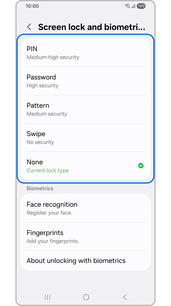 Tela contendo tipos de bloqueio de tela.
