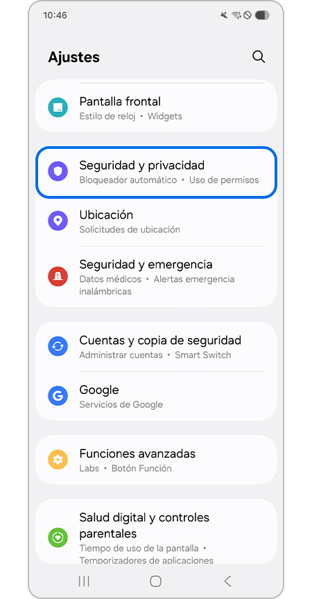 Seleccionar el menú Seguridad y privacidad