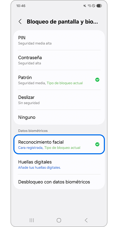 Seleccionar el menú Reconocimiento facial