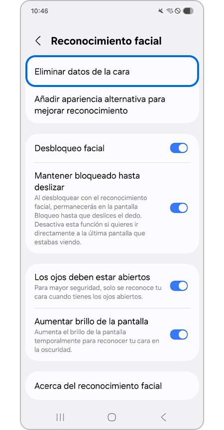 Seleccionar el menú Eliminar datos de la cara
