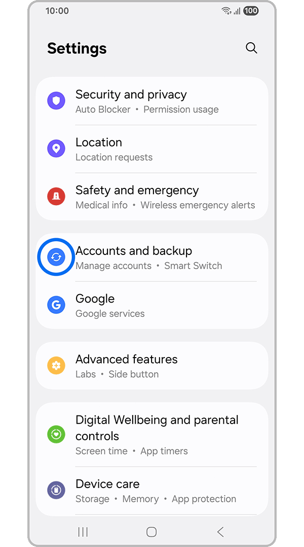 Accounts and back up screen