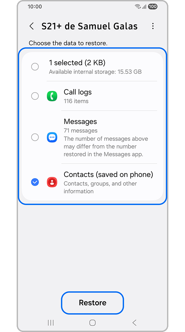 Screen displaying what data can be restored