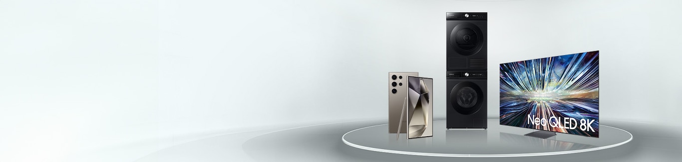 The Galaxy S24 Ultra, Bespoke AI Washing Machine, Bespoke AI dryer, and Neo QLED 8K stand on a circlular glass against a futuristic backdrop.