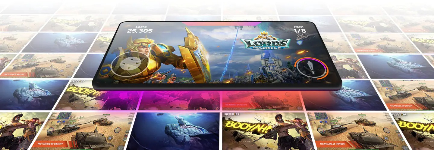 Smartphone displaying the MMORPG, Lords Mobile, is on top of a background made up of multiple scenes from various games.