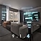 In a cozy, dimly lit livingroom, there are two rear speakers and a wall-mounted TV-soundbar pair. Three numbers are on the bottom: 9, 1, and 4. 4 is highlighted. The 4 up-firing channels in the setup are highlighted - 1 in each rear speaker and 2 in the main soundbar.