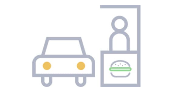 icon including a car is stopping in front of drive-thru desk