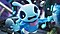 A whimsical looking blue alien in mid-air inside a modern spaceship. The alien has two antennae, two big eyes, and is wearing a two-piece space uniform that consists of a blue top with pink details, and white pants. The alien looks startled, and has both arms stretched out seemingly bracing itself for a fall. In the background, broken pieces and shards are floating around in disarray, as well as a big bluish green button.