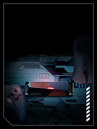 The 990 PRO with heatsink SSD is displayed in the center with glowing parts, and half of a gaming controller can be seen at the left.