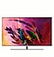 A front view of silver Samsung QLED TV on a stand with red, green, orange, and purple colored feather image applied as on screen image.