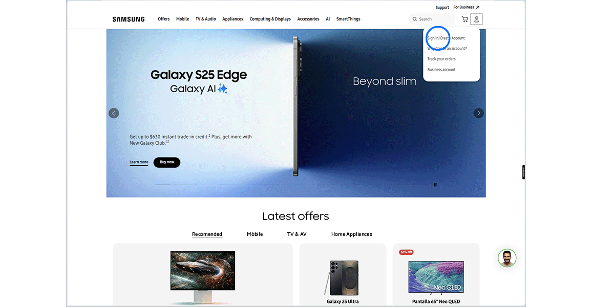 Samsung.com web browser.