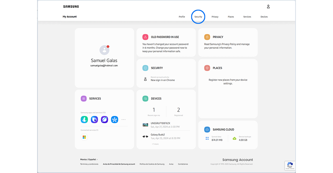Account settings page.