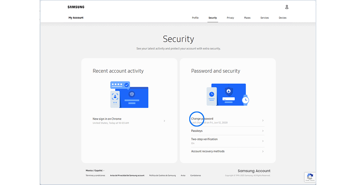 “Security" settings page.