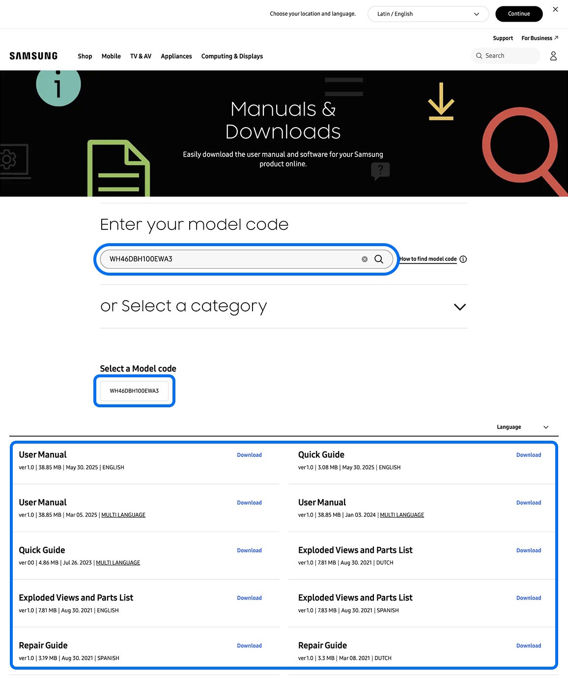 Búsqueda del modelo en la página de Manuales y descargas