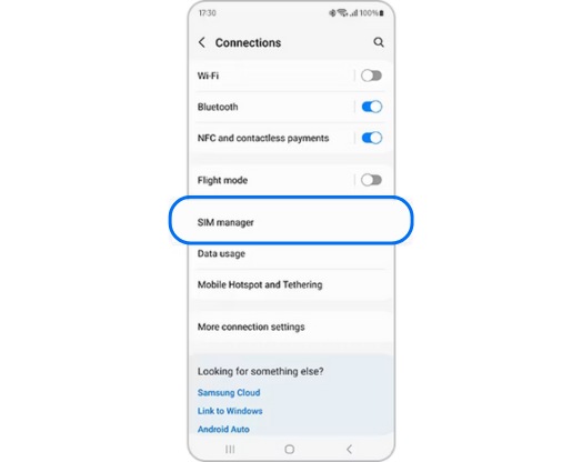 View of SIM manager selected in Connections.
