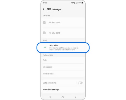 View of Add eSIM selected in SIM manager.