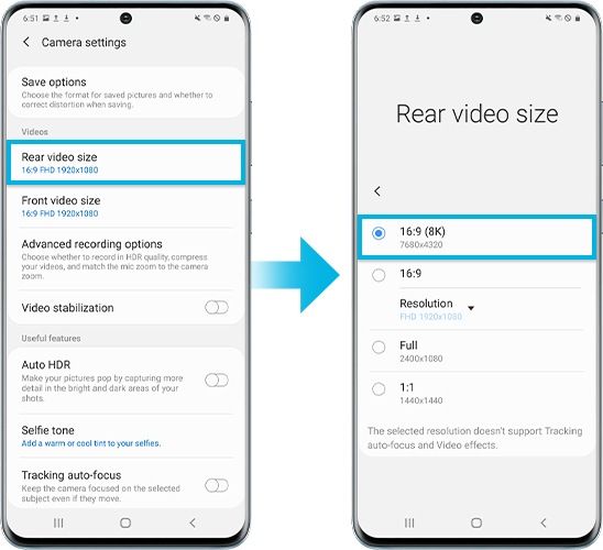 image of Galaxy S20 device activating 8K video mode