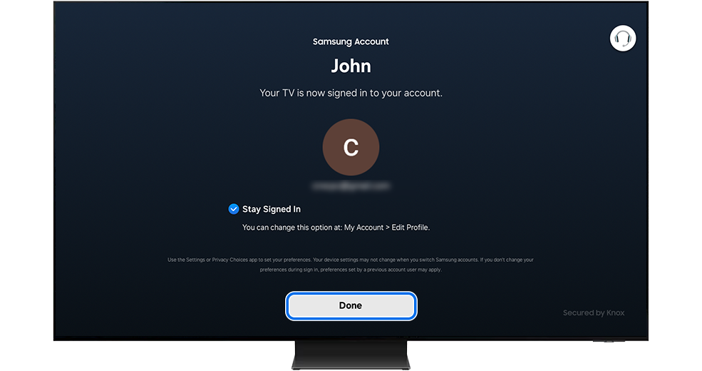 TV displaying signed-in page with Done button highlighted.