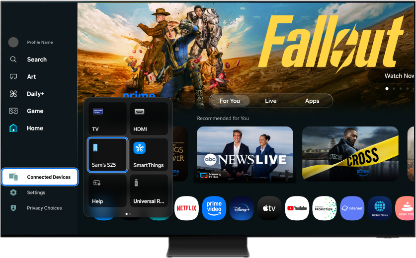 2025 Samsung Smart TV Home screen showing the Connected Devices menu.