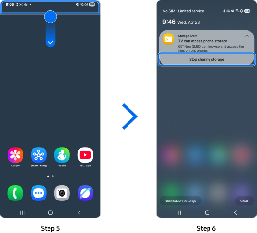 Mobile device notification panel with a “Stop sharing storage” button.