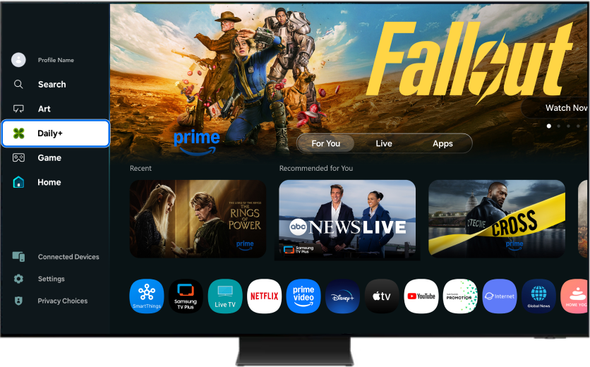 A TV screen showing the Herb Home Page with the side menu open. The Daily+ menu option is selected.