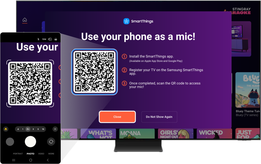 A mobile device scanning a QR code on a TV. screen The QR code is for the 'Use your phone as a mic' feature.