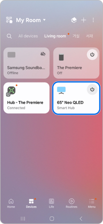 SmartThings app is open. A connected TV is highlighted.