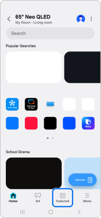 SmartThings app home page is displayed with Featured menu highlighted.