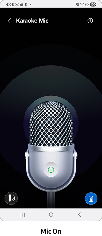 Karaoke Mic is displayed on a mobile device. The mic is on an on mode.