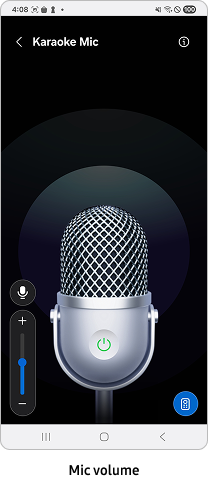Karaoke Mic is displayed on a mobile device with a volume control menu on the left side of the screen.