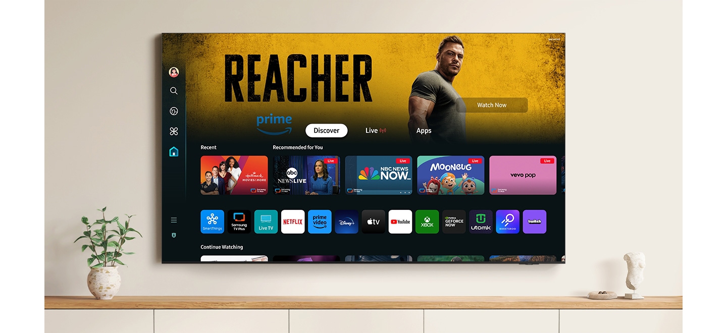 The Samsung Tizen OS home screen is being scrolled down from top to bottom. The screen showcases an array of popular apps, streaming services and recommended content.