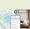 The SmartThings mobile app opens with the air conditioner’s Welcome Cooling feature and Energy-saving notifications activated. On the left, a map illustrates the user’s proximity to home. A Wi-Fi icon links the map and the Samsung air conditioner in a living room, with the text Power ON indicating automatic activation when the user is within a certain distance from home.
