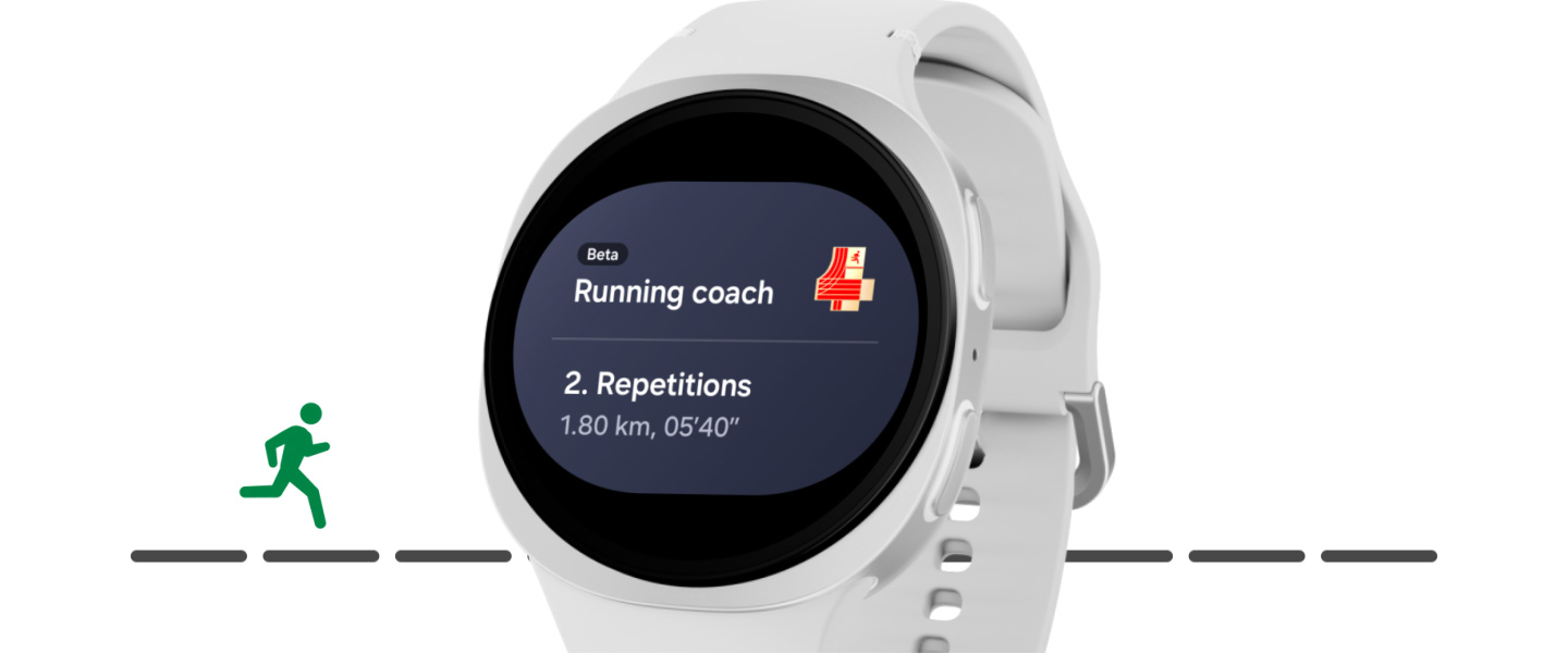 Galaxy Watch 8 displaying running coach feature, offering real-time guidance for improving workout performance.