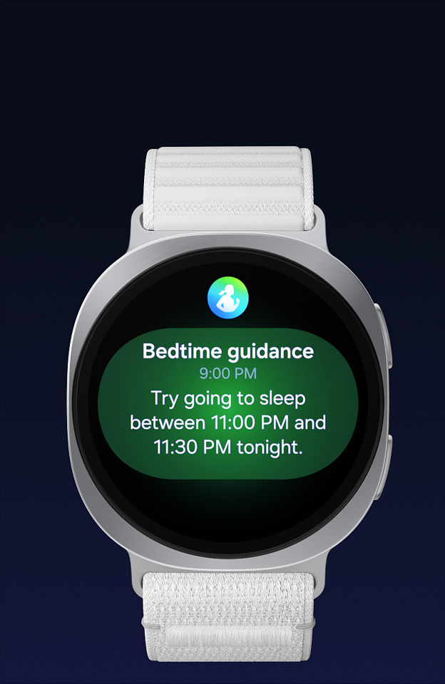 Galaxy Watch 8 showing sleep innovation features to support better rest tracking and enhanced nightly routines.