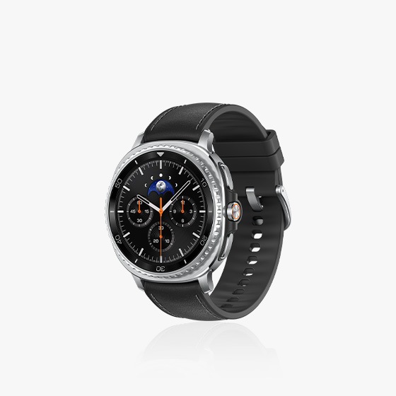 Galaxy Watch8 Classic attached to a Black Hybrid Band, buckled and forming a closed loop. The watch face is angled slightly to the left, offering a view of both the watch face and the Hybrid Band.