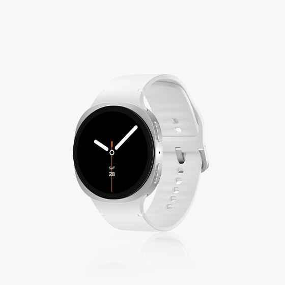Galaxy Watch8 attached to a White Sport Band, buckled and forming a closed loop. The watch face is angled slightly to the left, offering a view of both the watch face and the Sport Band.