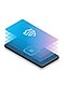 A black Galaxy phone laid flat with the white Samsung Knox shield icon radiating from its display against a blue background
