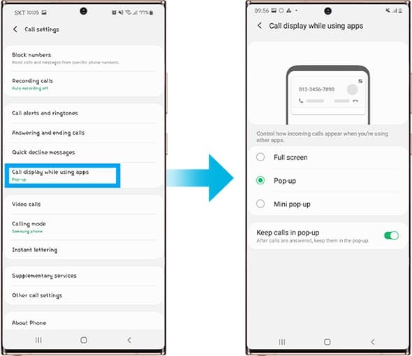 How to set call display while using apps