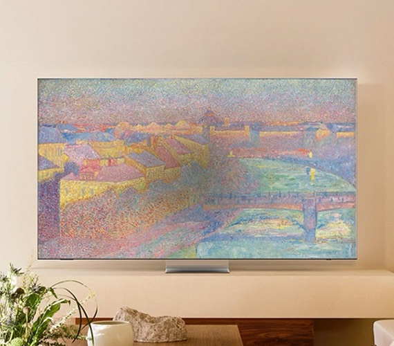 Contemporary art piece 'Danube Landing in Summer' by Frank Jaschke displayed on Samsung Neo QLED 8K TV.