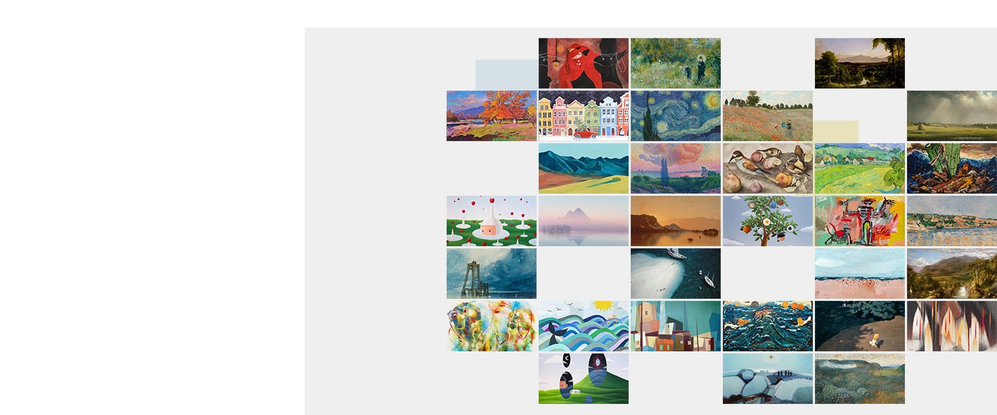 Grid of various artworks. There are blank spaces here and there, indicating that more artworks will be added.