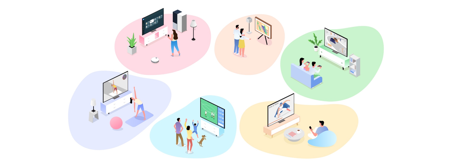 Six different scenarios for using Samsung Smart TVs are shown, including exercising, watching sports, connecting a smart home, gaming, watching personalized content with One UI Tizen and admiring art pieces.