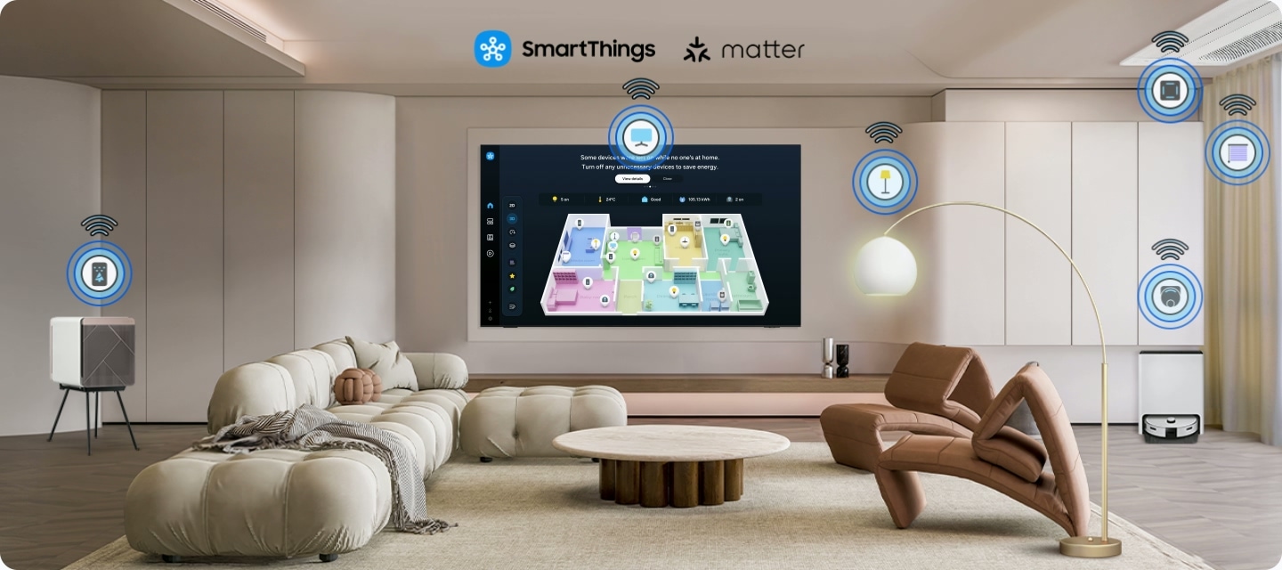 A large Samsung TV in a living room is connected to various smart home devices, including an air purifier, a lamp, an air conditioner, a curtain and a robot vacuum, as indicated by icons hovering over the respective items. SmartThings and Matter logos. Zoom in on TV with SmartThings UI. The real light turns on when the button goes from off to on. Next the real blind opens when the button goes from off to opened. Zoom out to living room. Home Insight is now displayed.