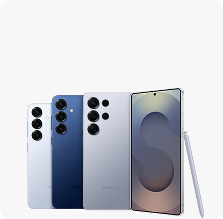 Four Galaxy S25 Series devices are arranged together. Galaxy S25 in Icyblue, Galaxy S25+ in Navy, two Galaxy S25 Ultra devices in Titanium Silverblue and S Pen are seen.