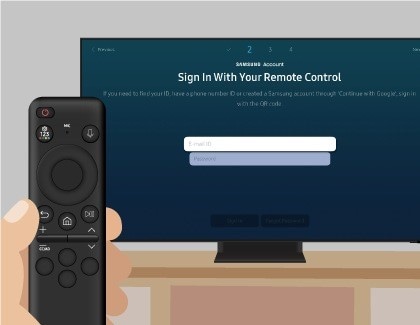 The Sign In With Your Remote Control is displayed on a Samsung Smart TV next to a hand holding a TV remote