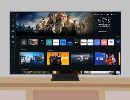 Different shows and options displayed on the Home screen of a Samsung Smart TV