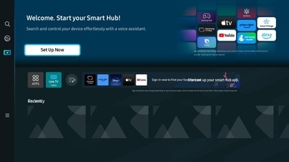 A Samsung Smart TV displaying the Welcome, Start your Smart Hub! screen