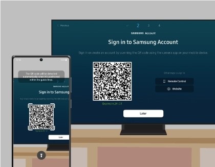 A Samsung Account QR code on a Samsung Smart TV, next to the same QR code on a Galaxy phone